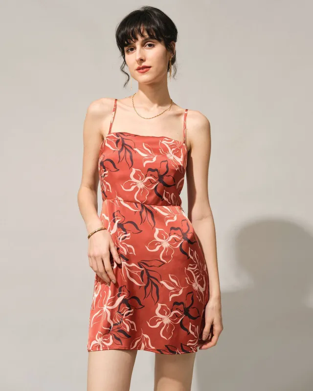 The Orange Floral Satin Sling Mini Dress sold by rihoas