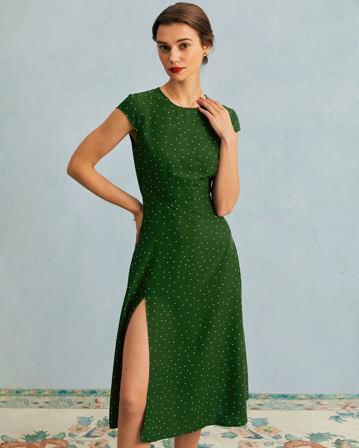 The Green Round Neck Polka Dot Cutout Midi Dress sold by rihoas product image thumbnail 2