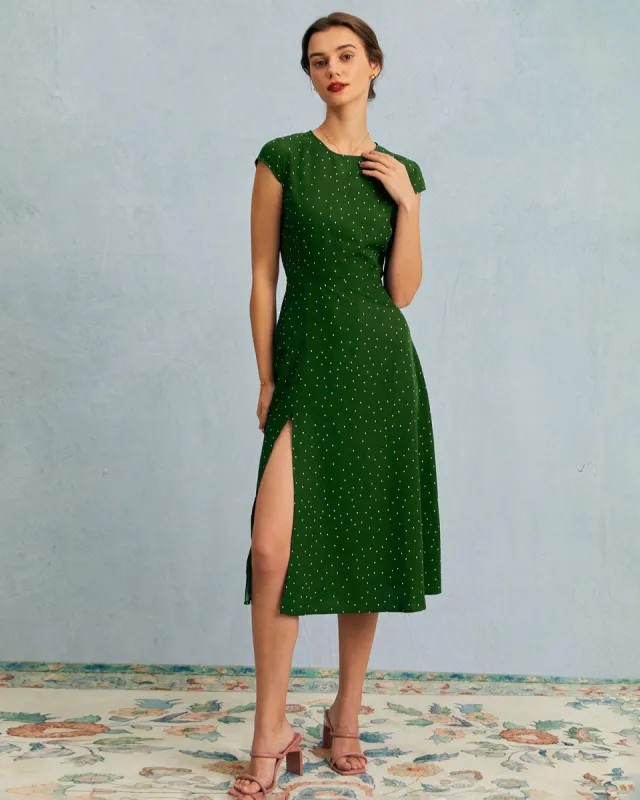 The Green Round Neck Polka Dot Cutout Midi Dress sold by rihoas