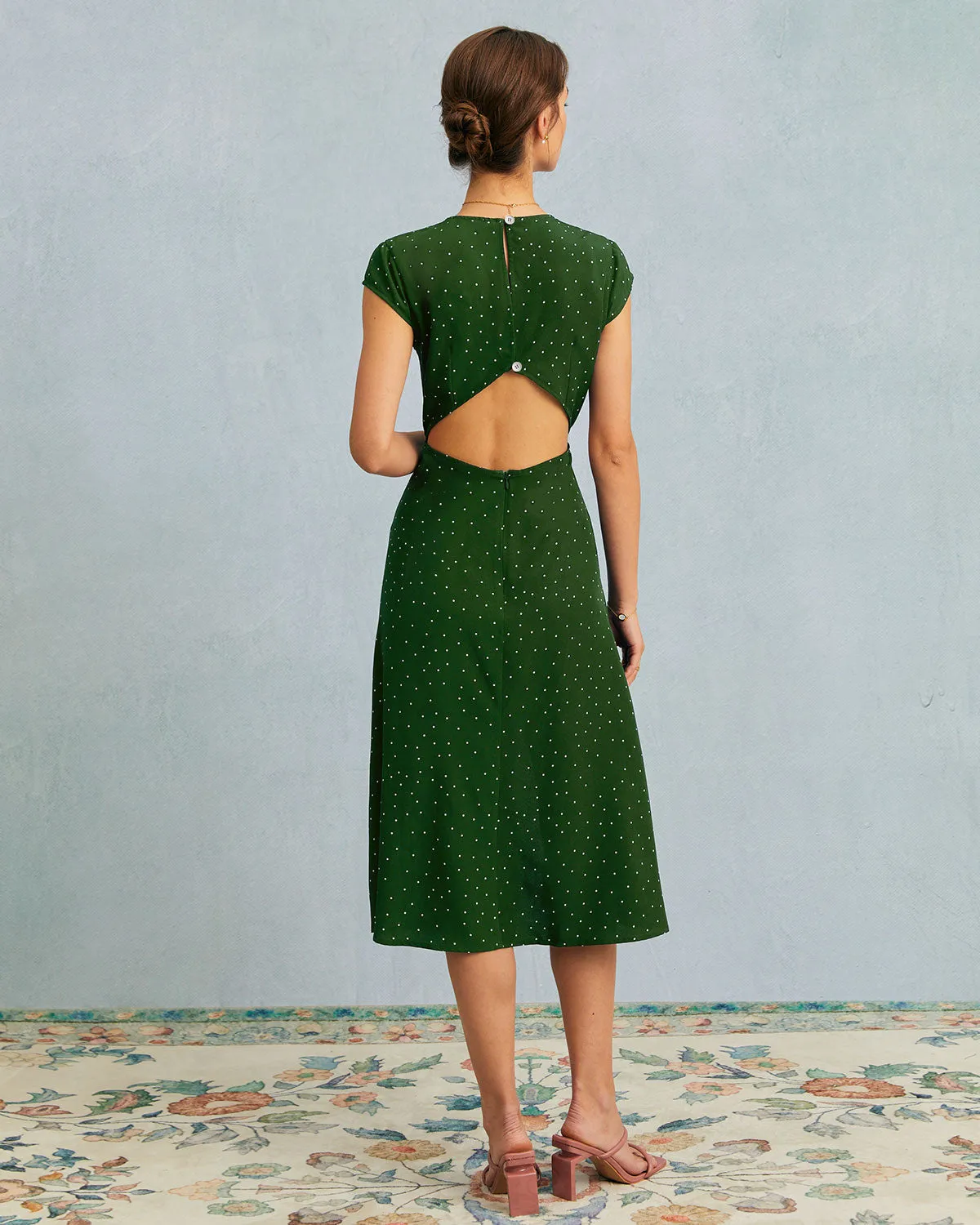 The Green Round Neck Polka Dot Cutout Midi Dress sold by rihoas product image thumbnail 3