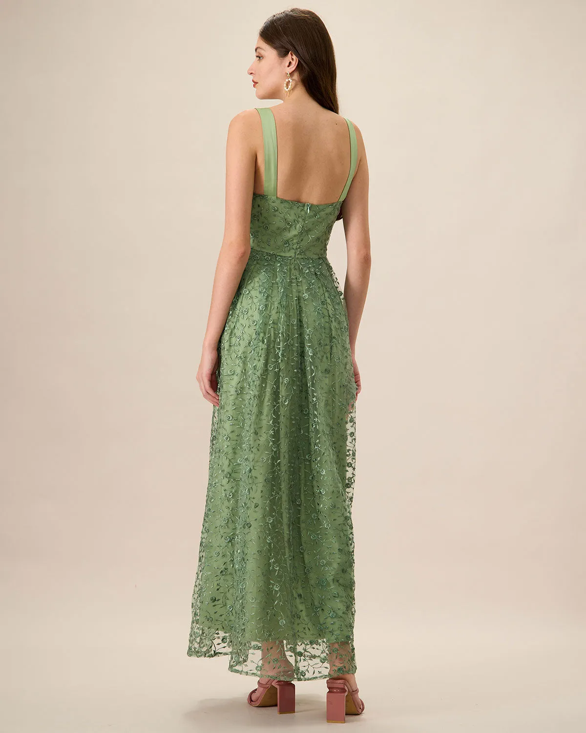 Women's Green Embroidery Mesh Slip Maxi Dress sold by rihoas product image thumbnail 5