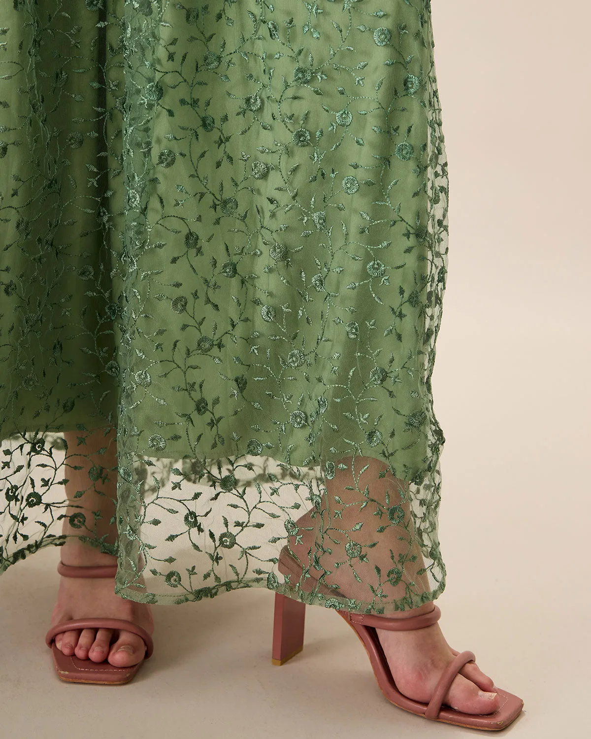 Women's Green Embroidery Mesh Slip Maxi Dress sold by rihoas product image thumbnail 4