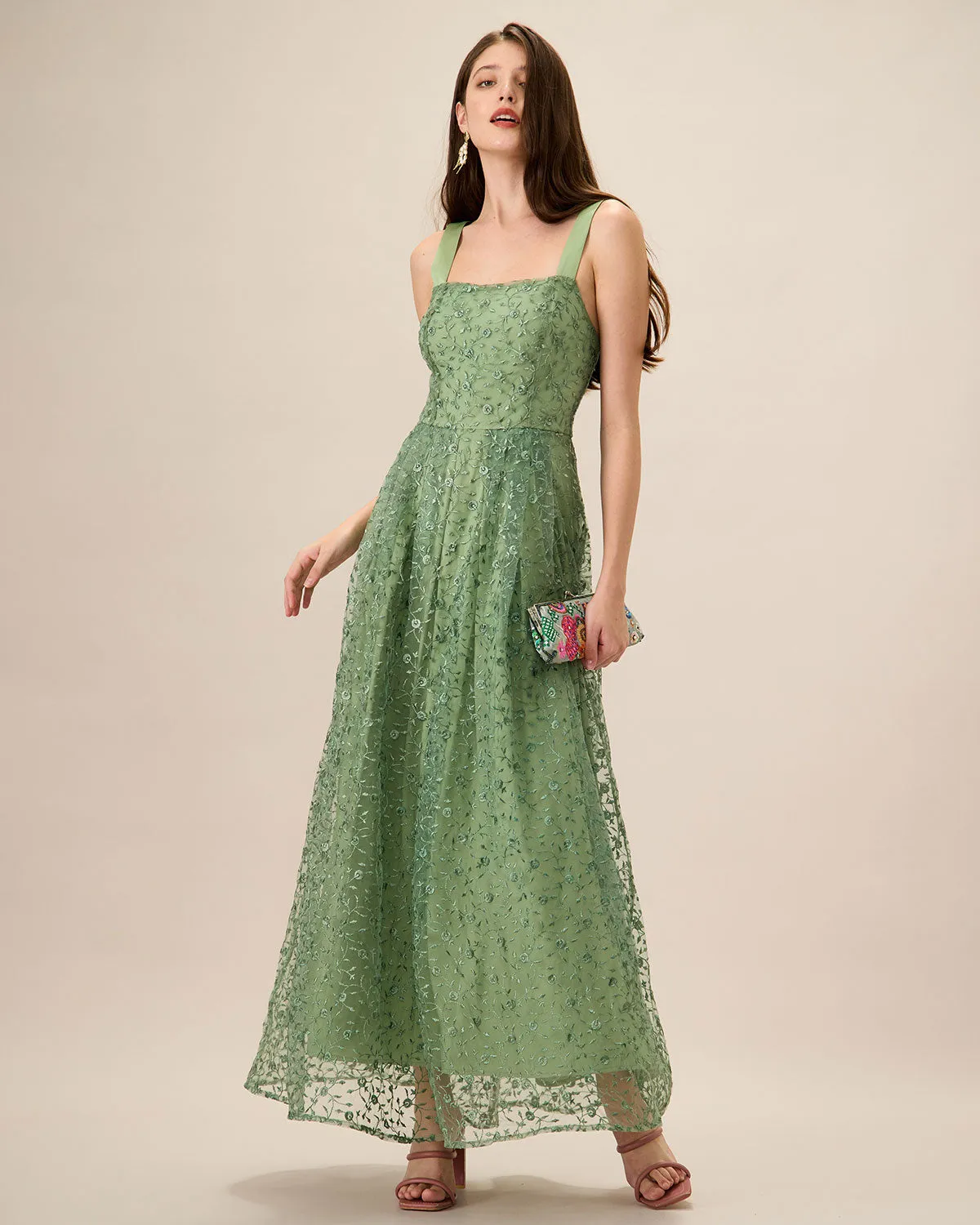 Women's Green Embroidery Mesh Slip Maxi Dress sold by rihoas product image thumbnail 3