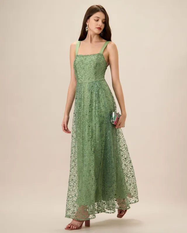 Women's Green Embroidery Mesh Slip Maxi Dress sold by rihoas
