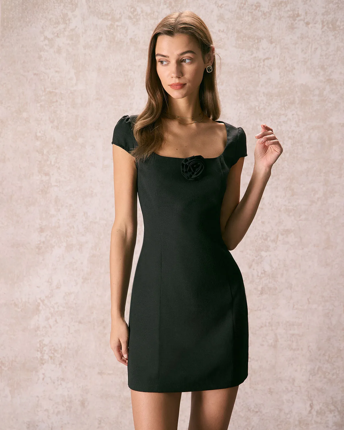 The Black Square Neck Rosette Mini Dress sold by rihoas product image thumbnail 3
