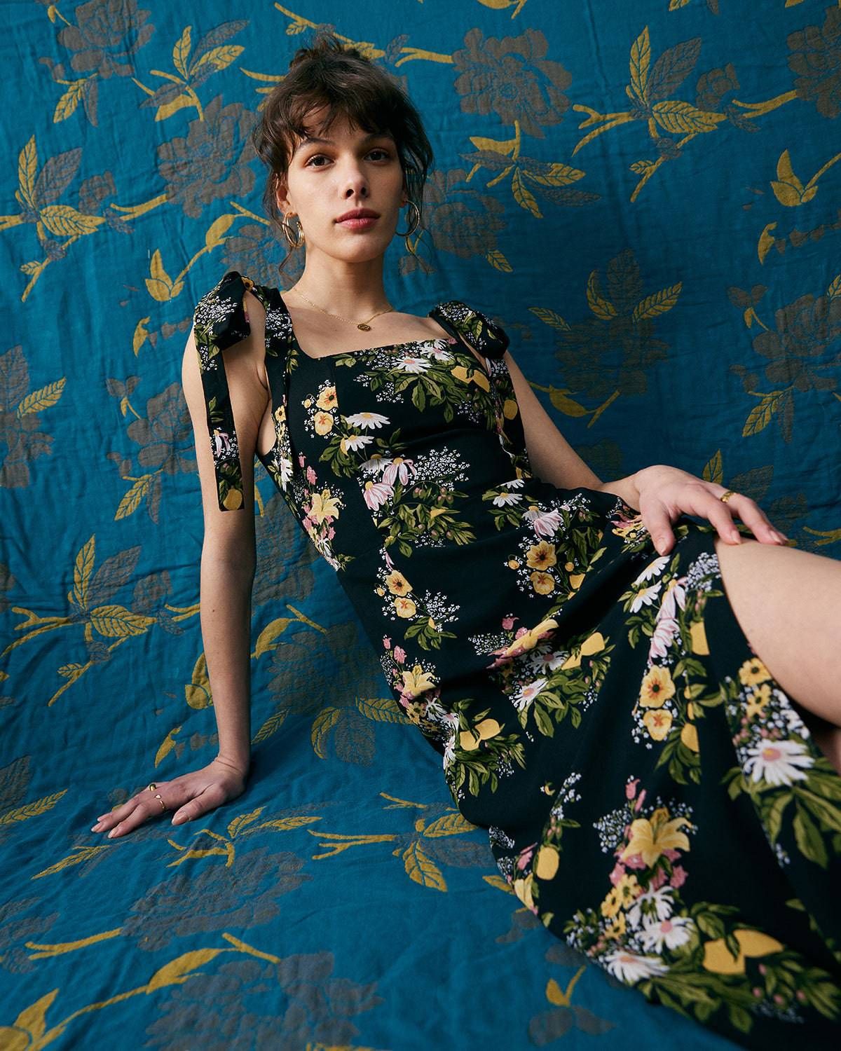 The Black Tie Strap Floral Midi Dress sold by rihoas product image thumbnail 5