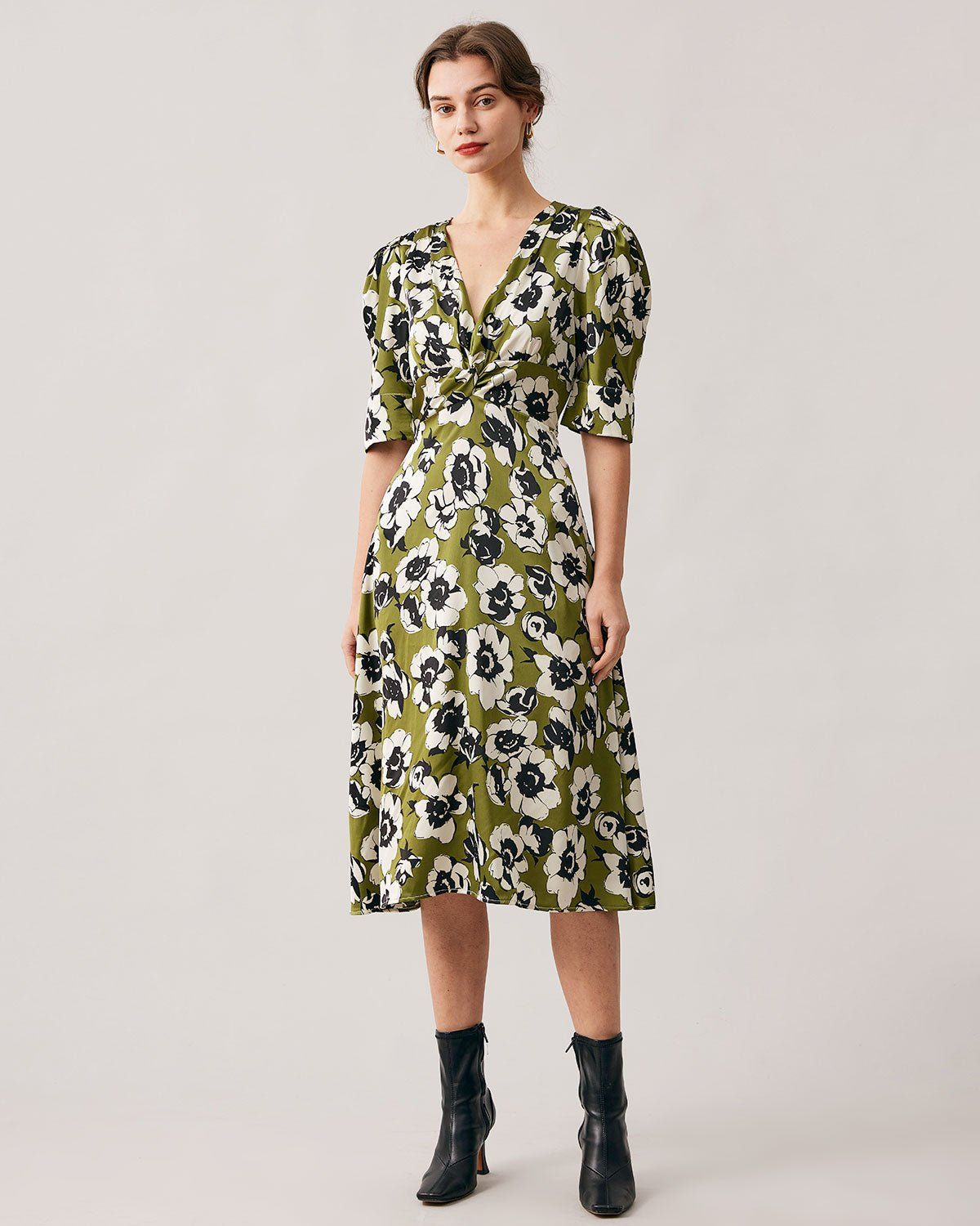 The Green V Neck Puff Sleeve Floral Midi Dress sold by rihoas product image thumbnail 4