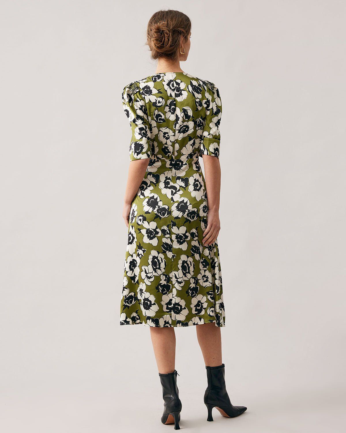 The Green V Neck Puff Sleeve Floral Midi Dress sold by rihoas product image thumbnail 5