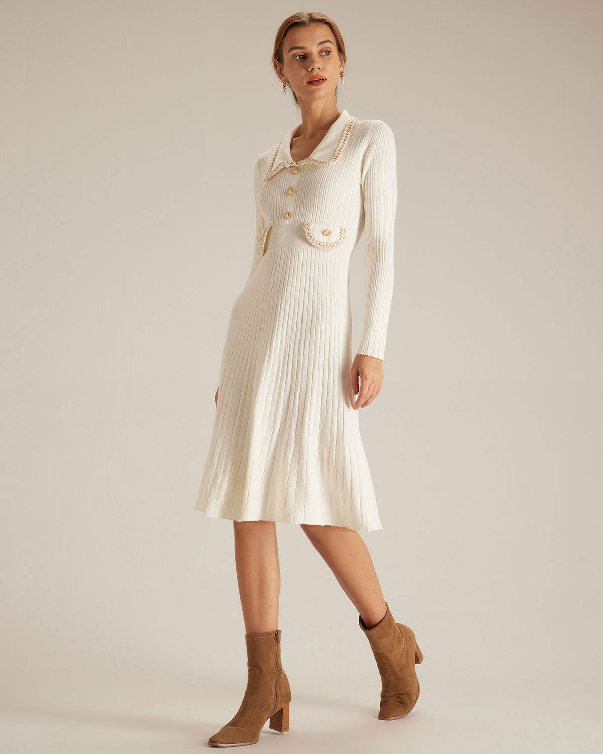 The Apricot Lapel Spliced Sweater Midi Dress sold by rihoas product image thumbnail 4