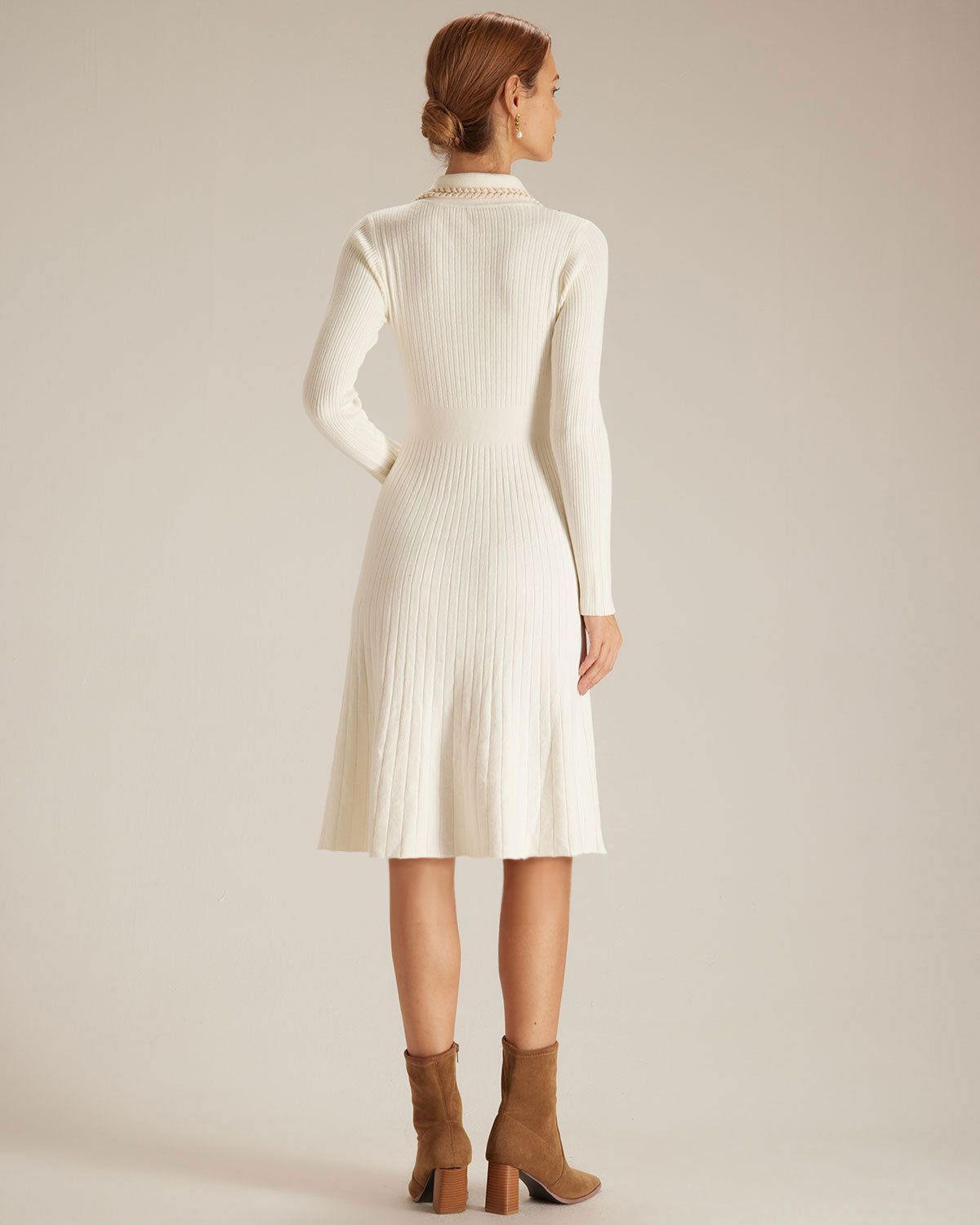The Apricot Lapel Spliced Sweater Midi Dress sold by rihoas product image thumbnail 5