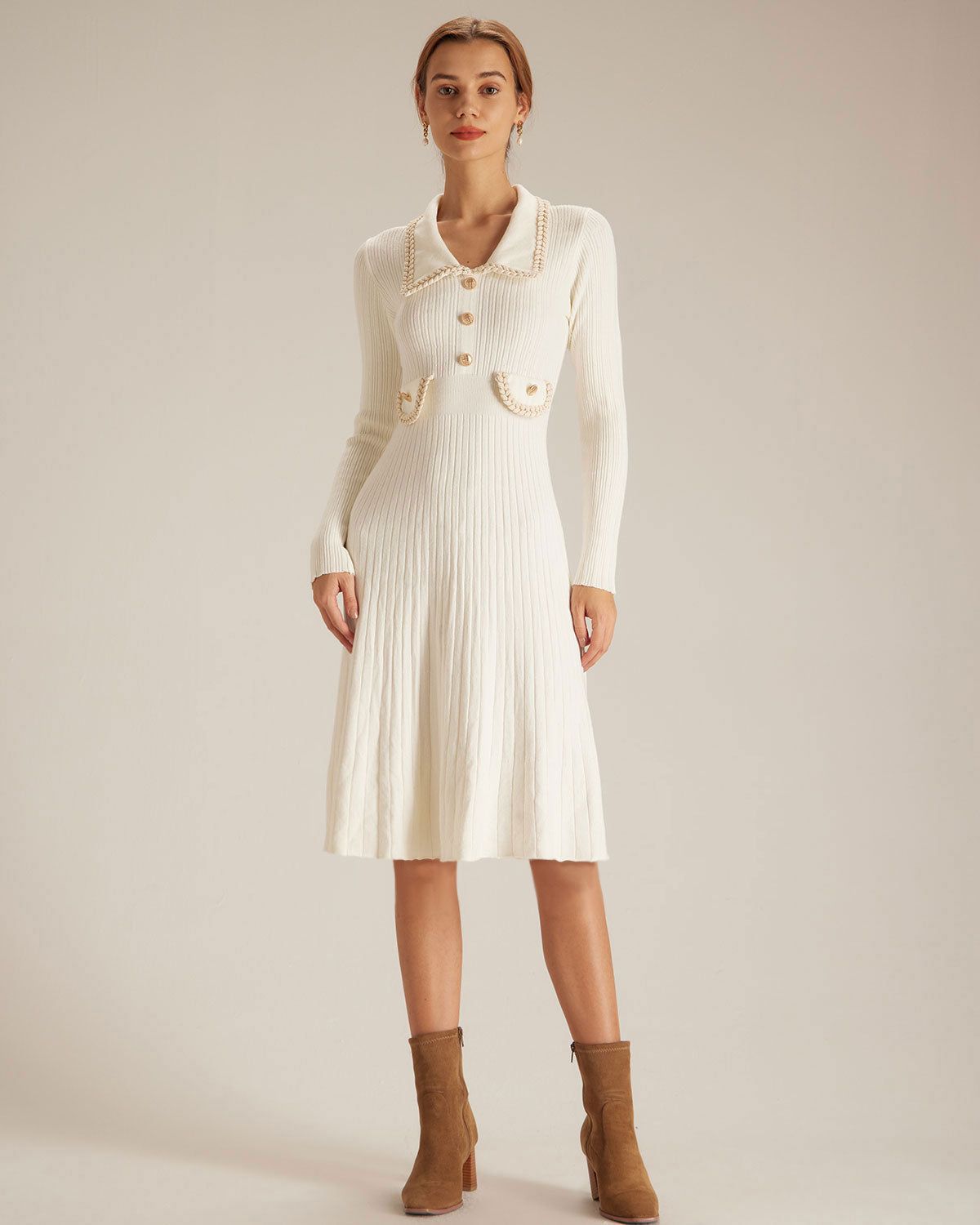 The Apricot Lapel Spliced Sweater Midi Dress sold by rihoas product image thumbnail 2