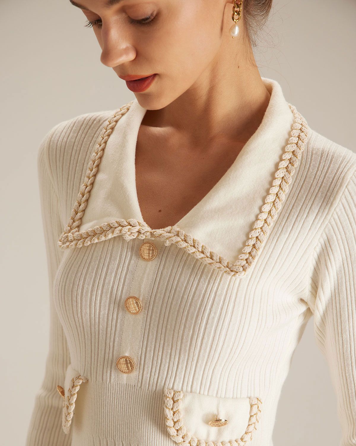 The Apricot Lapel Spliced Sweater Midi Dress sold by rihoas product image thumbnail 3