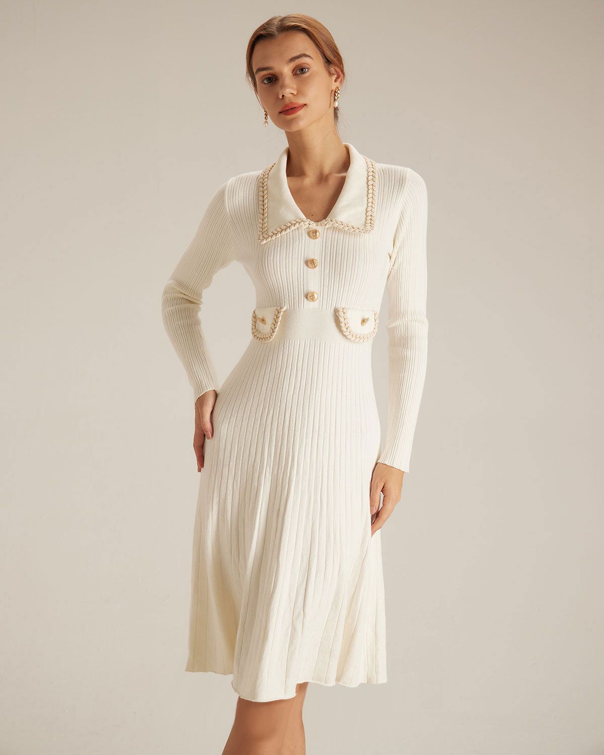 The Apricot Lapel Spliced Sweater Midi Dress sold by rihoas