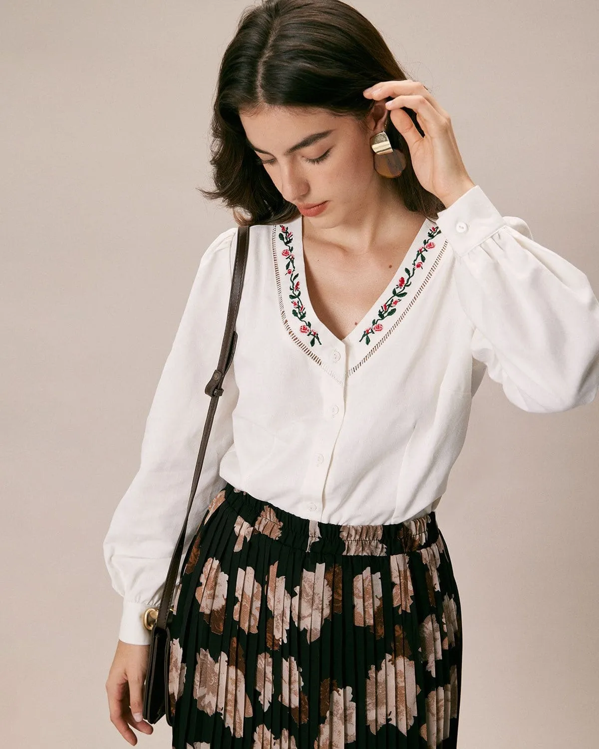 The White V Neck Embroidery Button Shirt sold by rihoas product image thumbnail 4