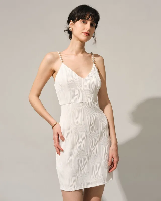 The White  Water Ripple Textured Pearl Strap Mini Dress sold by rihoas