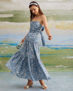 The Blue Floral Ruched Backless Maxi Dress sold by rihoas