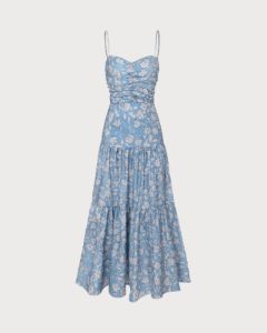 The Blue Floral Ruched Backless Maxi Dress sold by rihoas