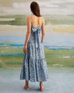 The Blue Floral Ruched Backless Maxi Dress sold by rihoas