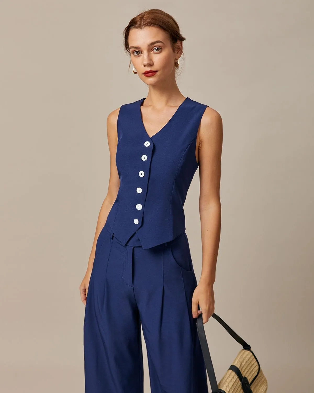 The Navy High Waisted Pockets Straight Pants sold by rihoas product image thumbnail 3