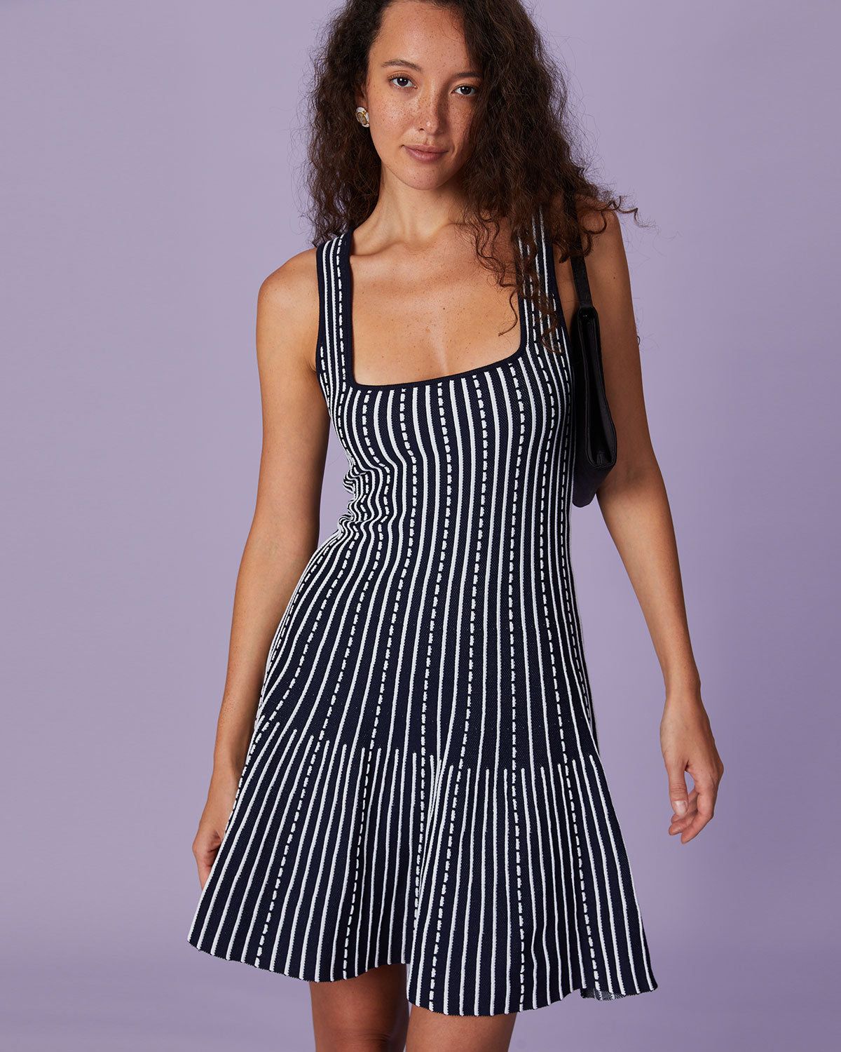 The Navy Square Neck Striped Knit Mini Dress sold by rihoas