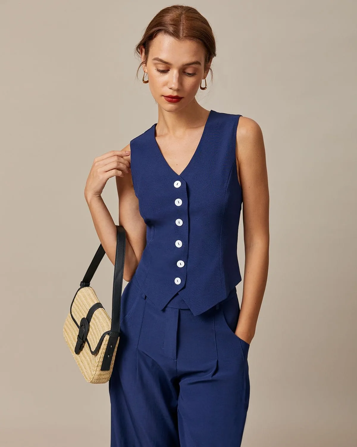 The Navy High Waisted Pockets Straight Pants sold by rihoas product image thumbnail 4