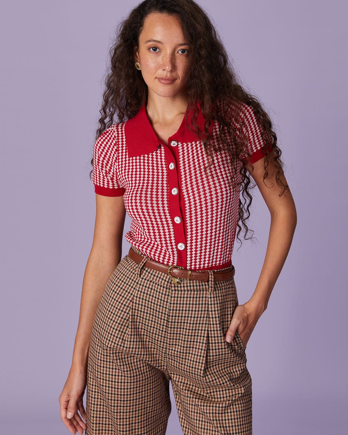 The Red Collared Striped Button Up Knit Top sold by rihoas