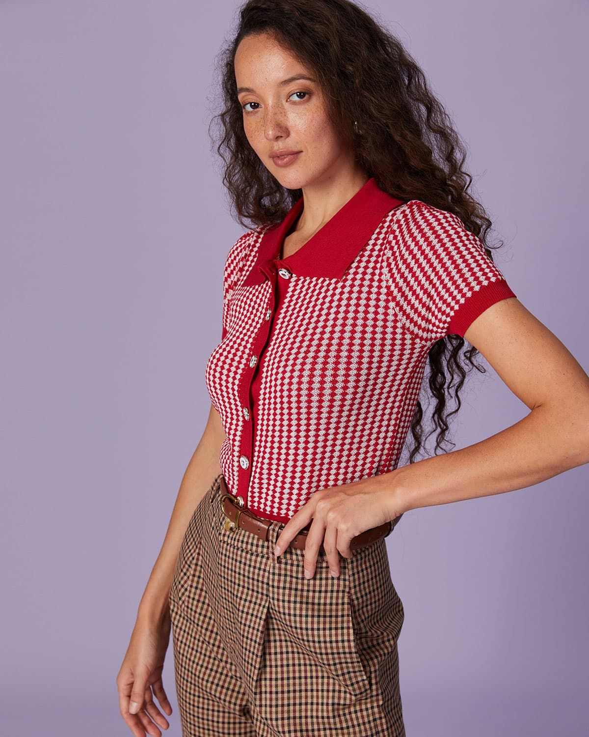 The Red Collared Striped Button Up Knit Top sold by rihoas product image thumbnail 2