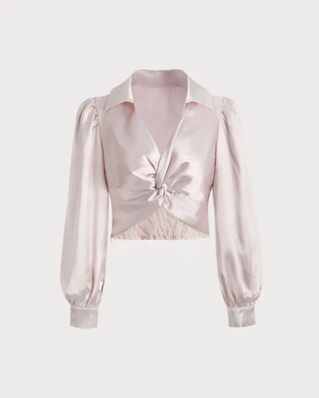 The Pink V Neck Twisted Long Sleeve Satin Blouse sold by rihoas