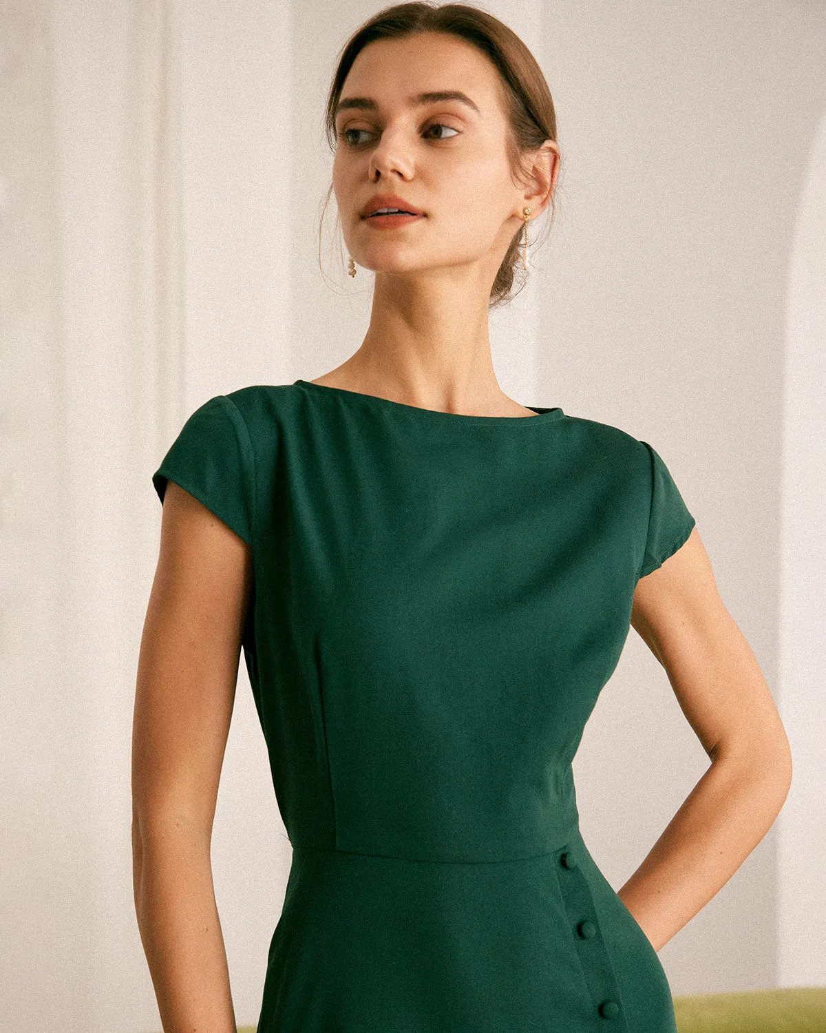 The Green Boat Neck Cutout Back Midi Dress sold by rihoas product image thumbnail 3