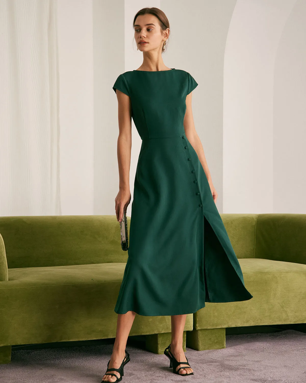 The Green Boat Neck Cutout Back Midi Dress sold by rihoas product image thumbnail 5