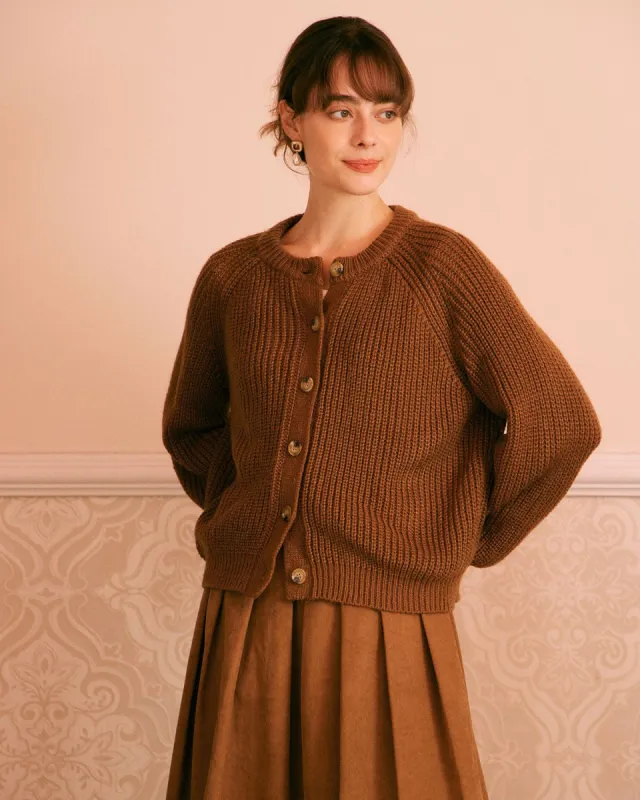 The Brown Round Neck Ribbed Knit Cardigan sold by rihoas