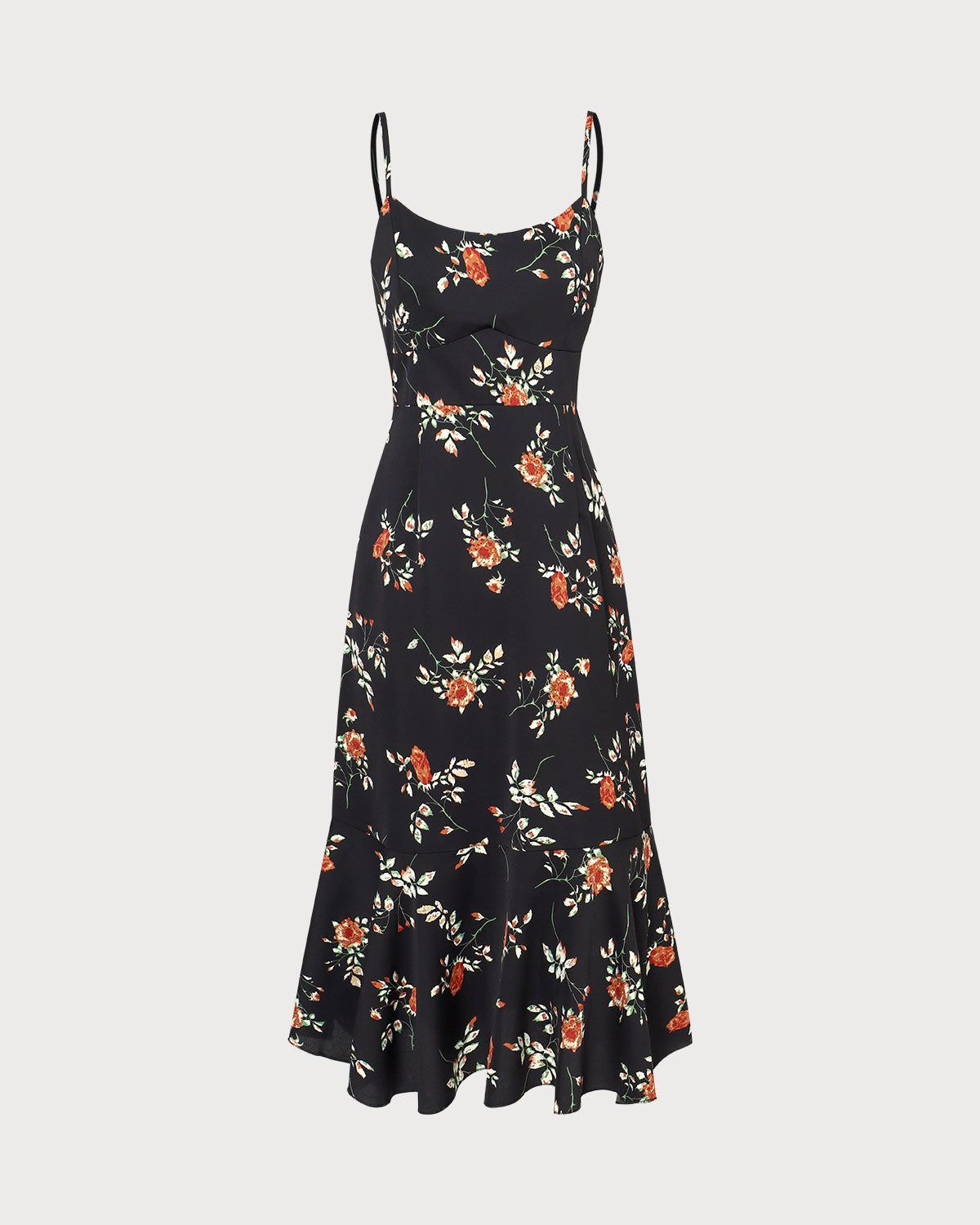 The Black Floral Ruffle Hem Slip Midi Dress sold by rihoas