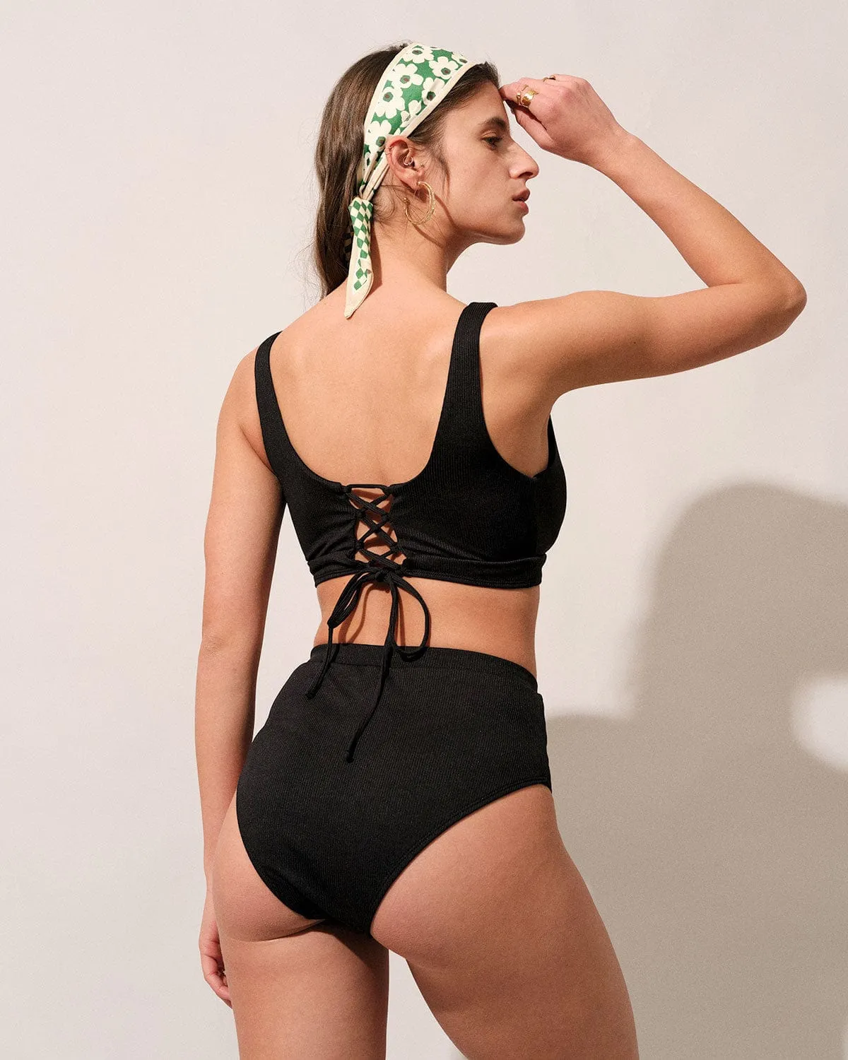 The Black V Neck Tie Back Ribbed Bikini Set sold by rihoas product image thumbnail 4