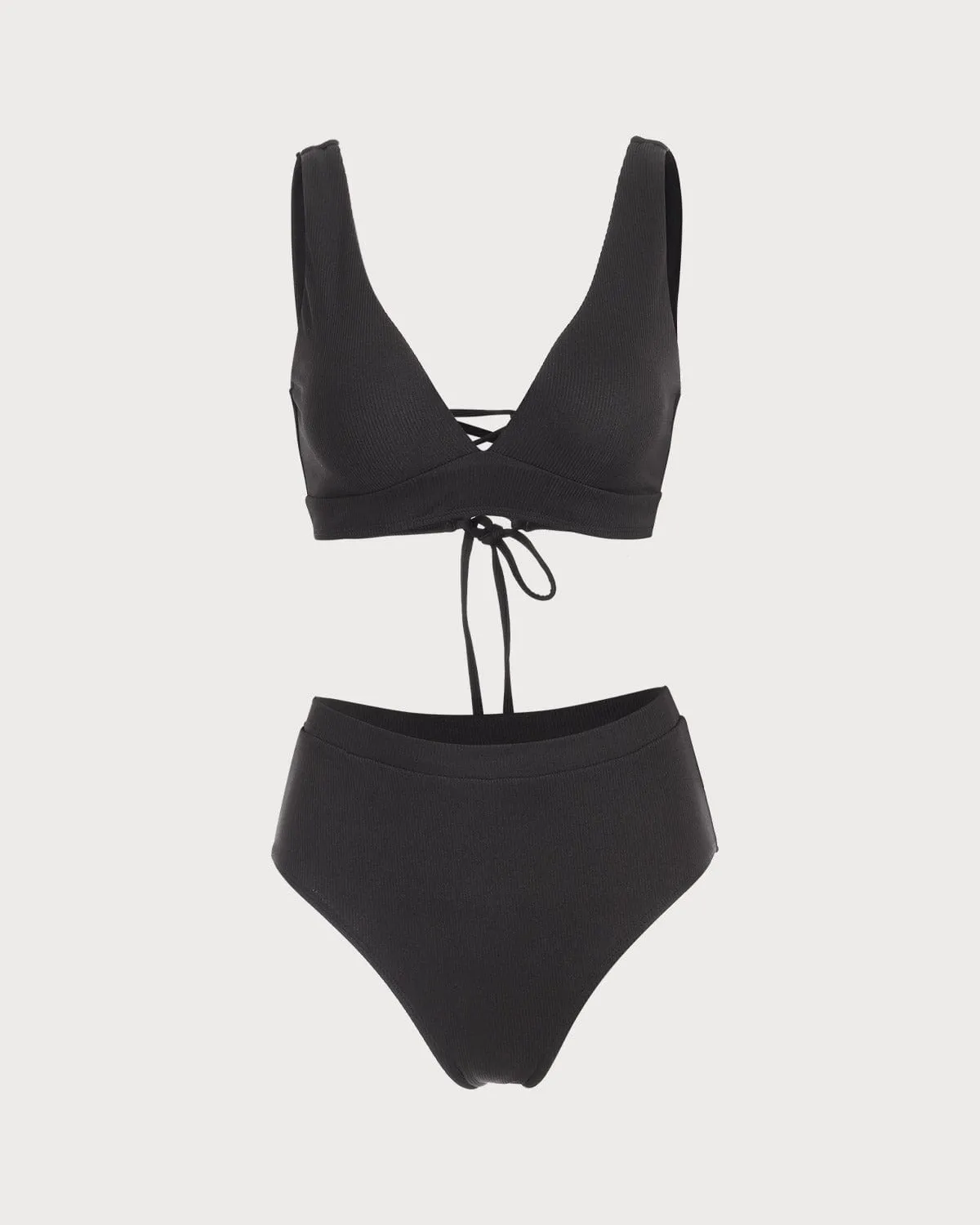 The Black V Neck Tie Back Ribbed Bikini Set sold by rihoas product image thumbnail 5