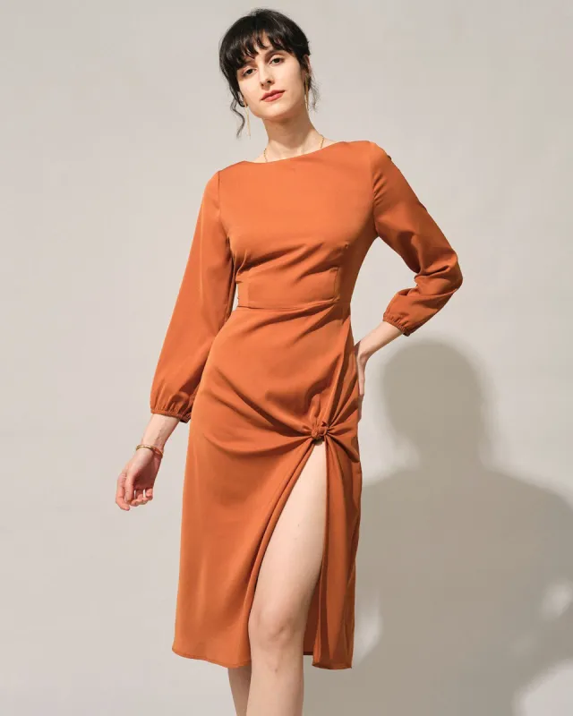 The Orange Boat Neck Long Sleeve Slit Midi Dress sold by rihoas