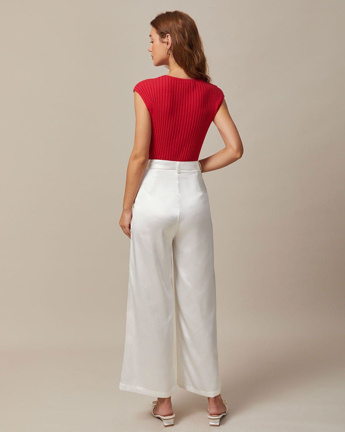 The White High Waisted Satin Wide Leg Pants sold by rihoas product image thumbnail 5