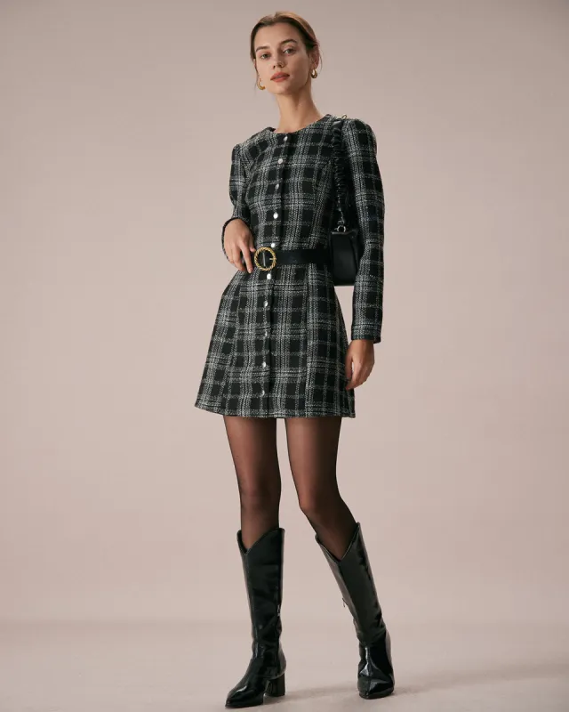The Black Crew Neck Plaid A-Line Mini Dress sold by rihoas