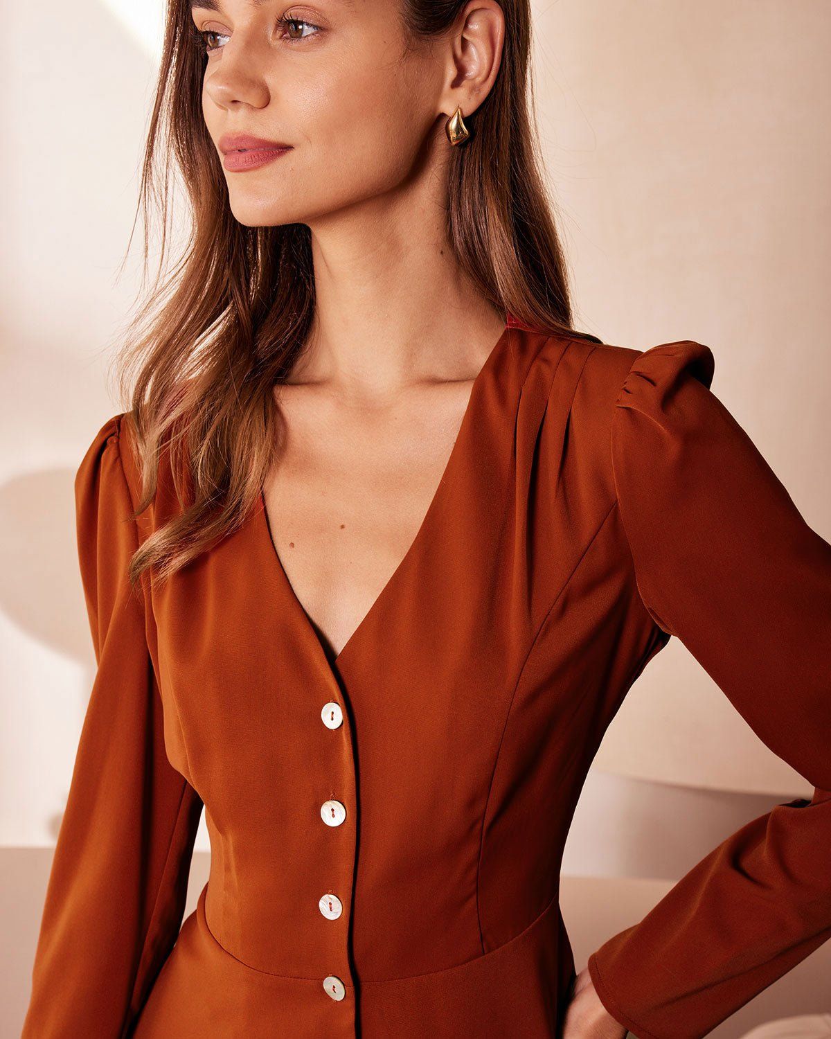 The Orange V Neck Ruffle Pleated Blouse sold by rihoas product image thumbnail 3