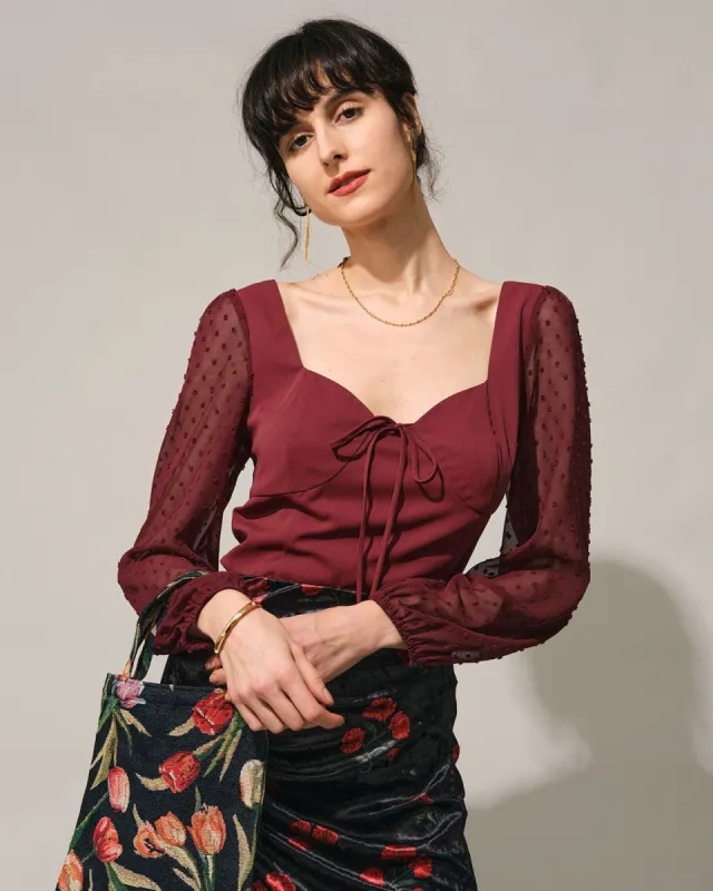 The Solid Sweetheart Neck Jacquard Long Sleeve Blouse sold by rihoas