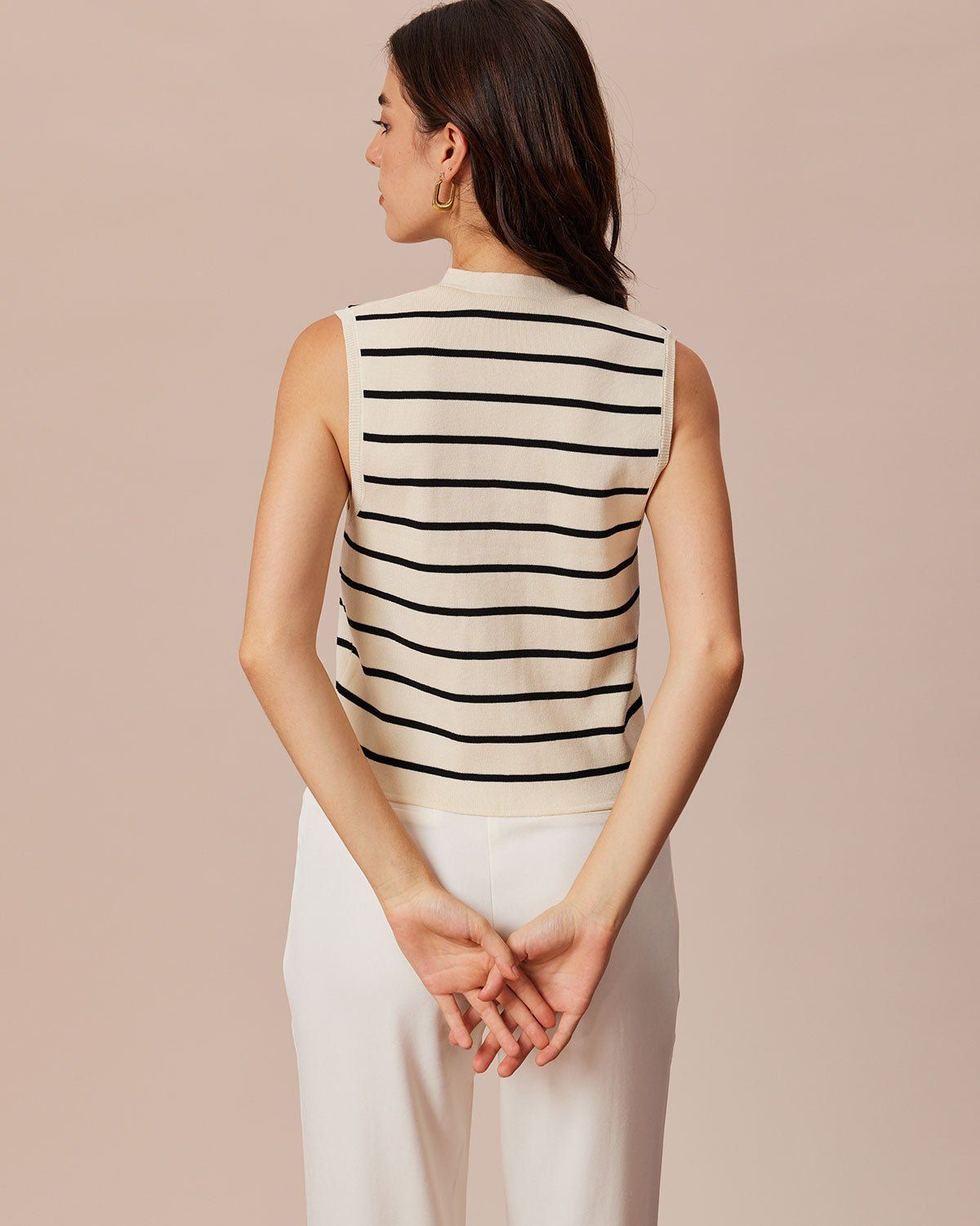 The Beige V Neck Striped Sleeveless Vest sold by rihoas product image thumbnail 4
