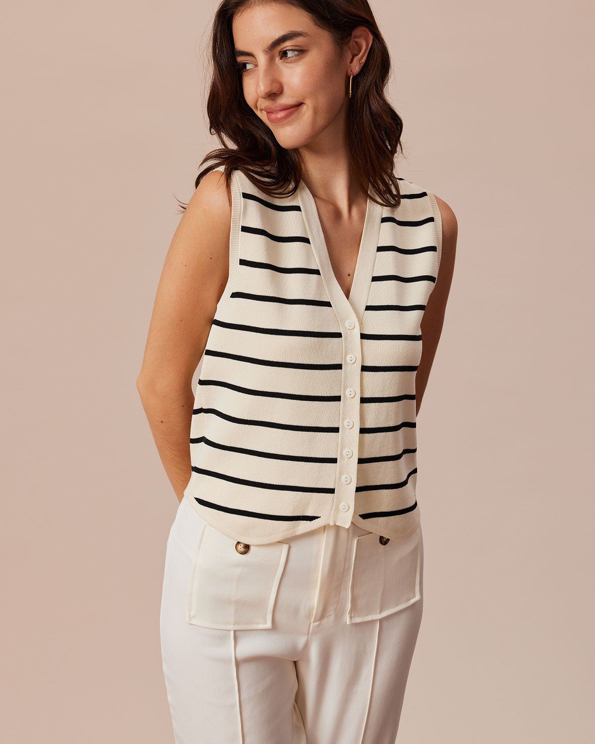 The Beige V Neck Striped Sleeveless Vest sold by rihoas product image thumbnail 3