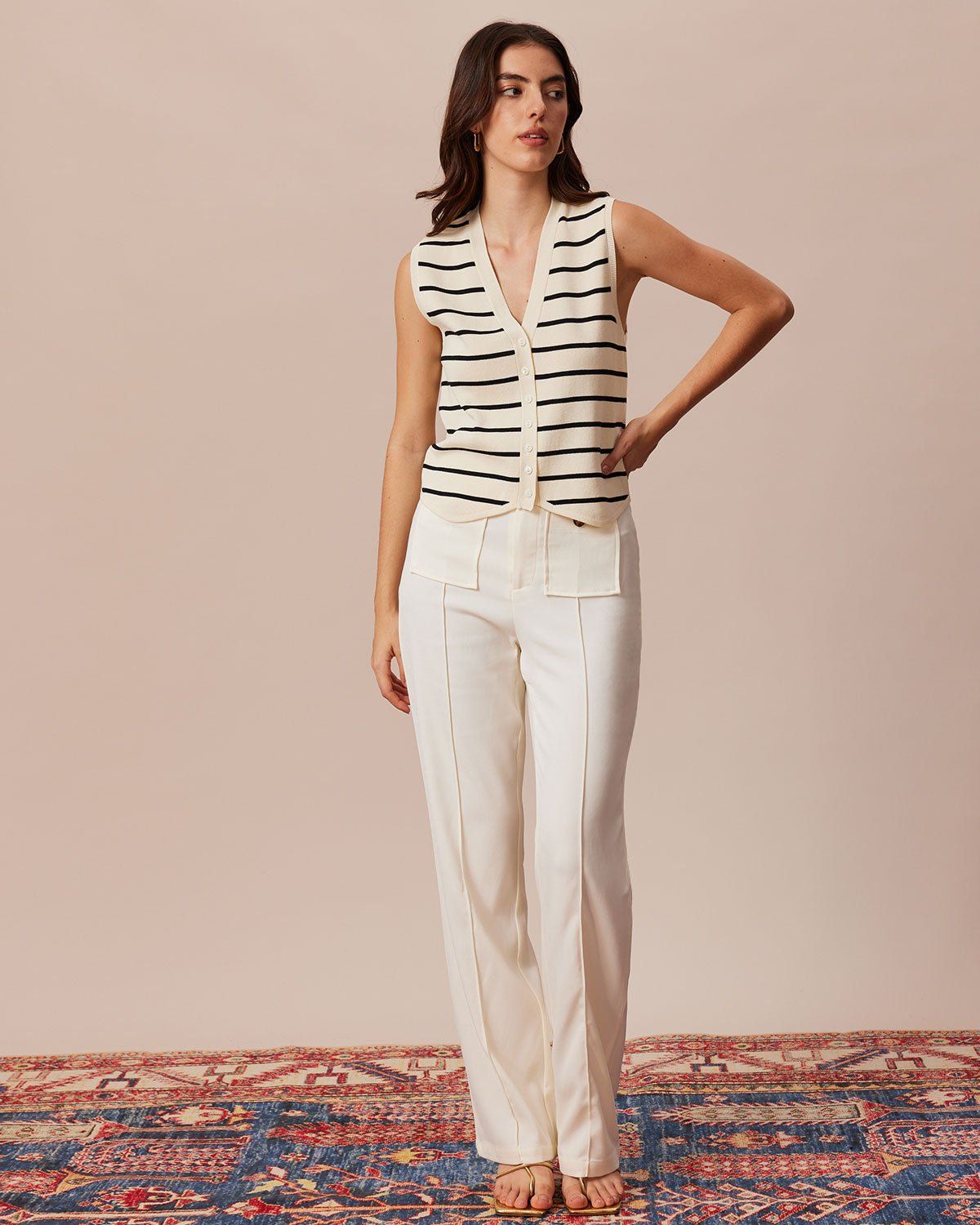 The Beige V Neck Striped Sleeveless Vest sold by rihoas product image thumbnail 2