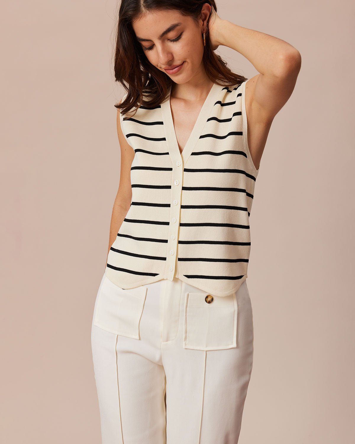 The Beige V Neck Striped Sleeveless Vest sold by rihoas