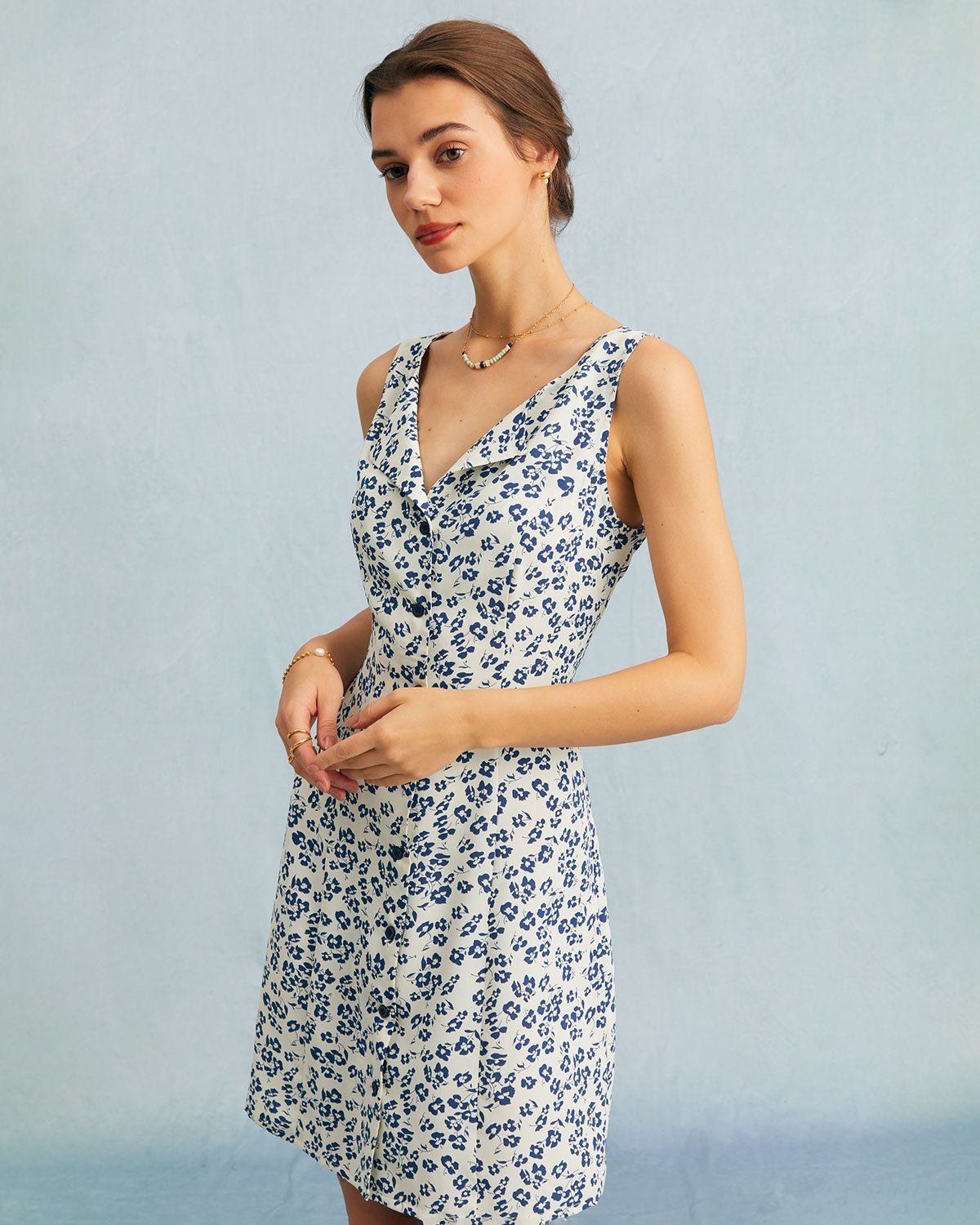 The Blue V-Neck Floral A-line Mini Dress sold by rihoas product image thumbnail 4