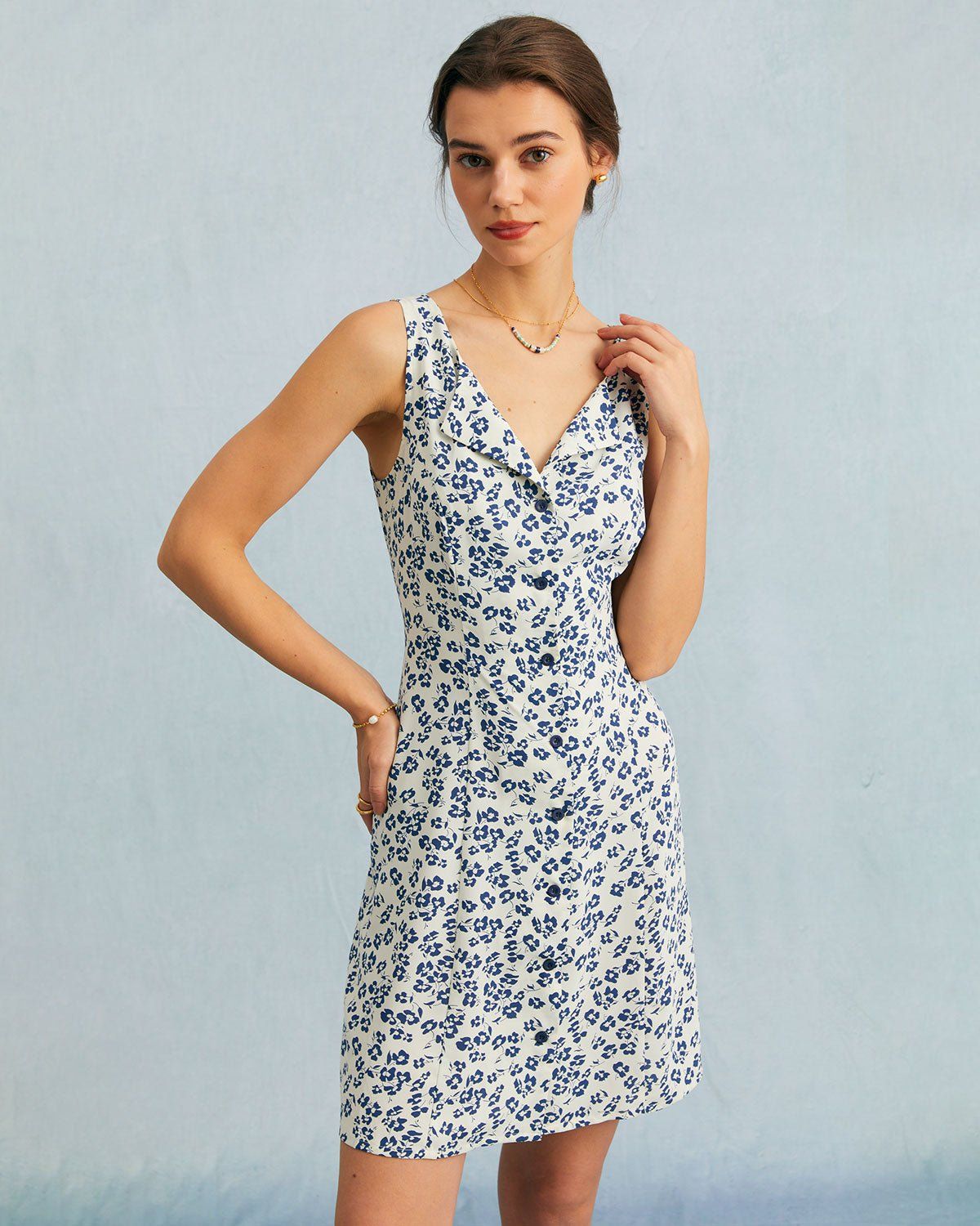 The Blue V-Neck Floral A-line Mini Dress sold by rihoas