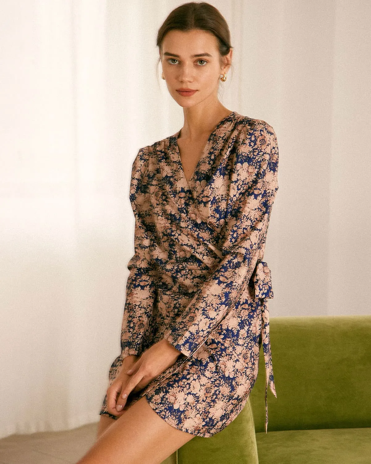 The V-Neck Floral Wrap Long Sleeve Mini Dress sold by rihoas product image thumbnail 3