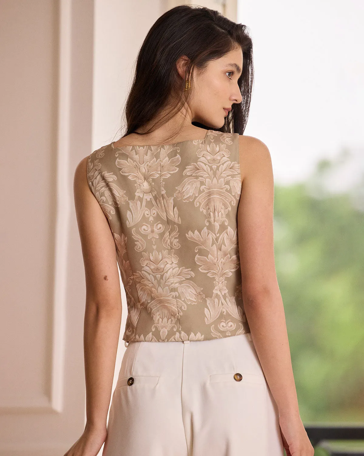 The Khaki Square Neck Lace-Up Floral Tank Top sold by rihoas product image thumbnail 4