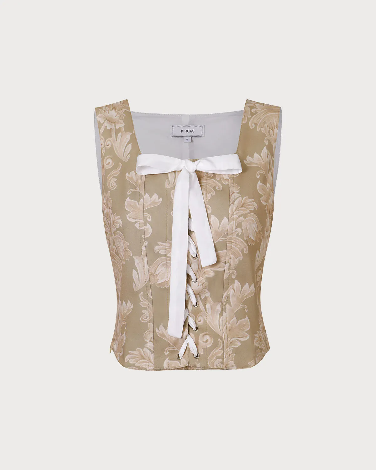 The Khaki Square Neck Lace-Up Floral Tank Top sold by rihoas product image thumbnail 5