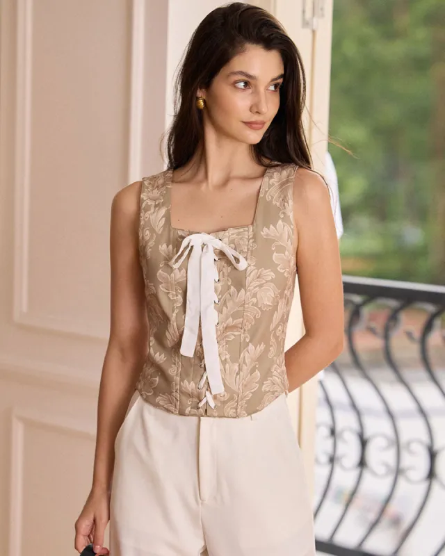 The Khaki Square Neck Lace-Up Floral Tank Top sold by rihoas