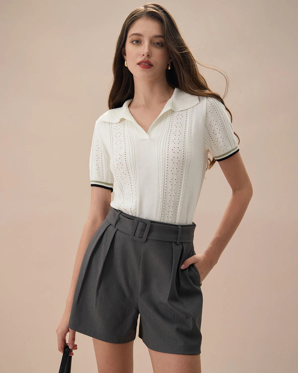 The White Collared Pointelle Contrast Knit Tee sold by rihoas